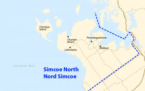 Carte statique de la région de Simcoe Nord avec des étiquettes sur Midland, Penetanguishene, Lafontaine, Thunder Beach et Christian Island
