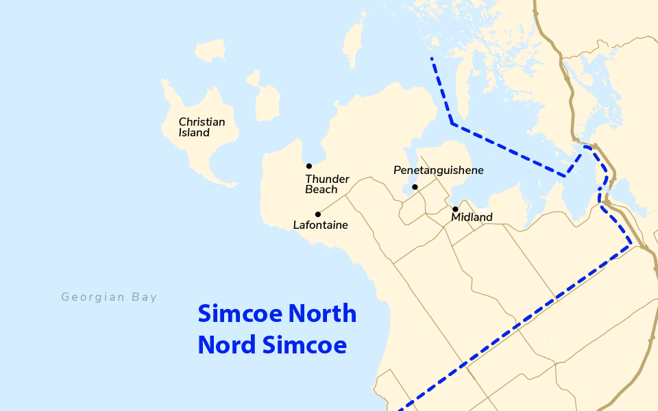 Static map the Simcoe North area with labels over Midland, Penetanguishene, Lafontaine, Thunder Beach, and Christian Island
